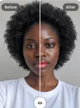 Actual TrueColors lipstick and blush before-and-after preview on a portrait with deep skin.
