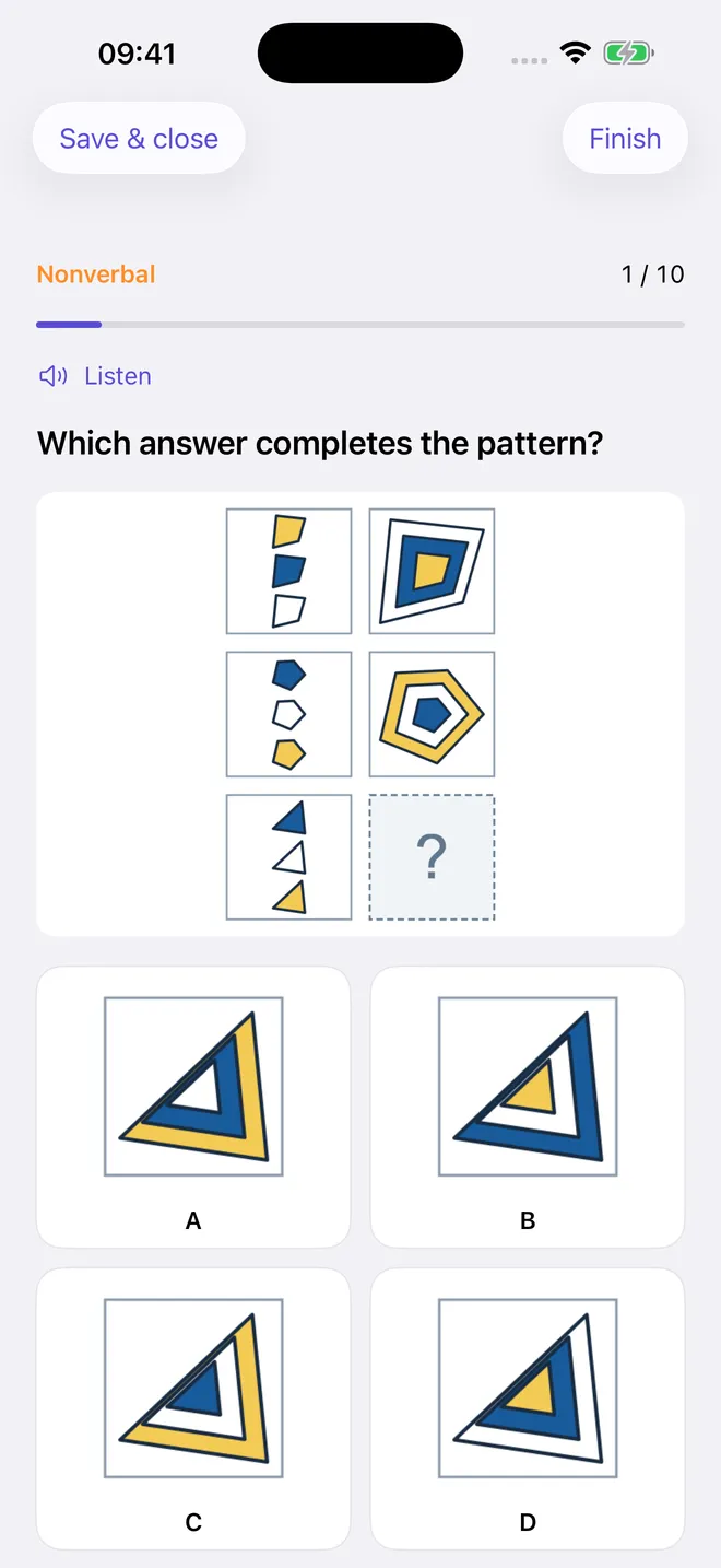 NGAT Test Prep nonverbal question with a shape grid, one missing cell, and four answer choices