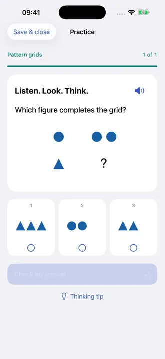 OLSAT Test Prep pattern grid question with a two-by-two shape grid, one missing cell, and three answer choices