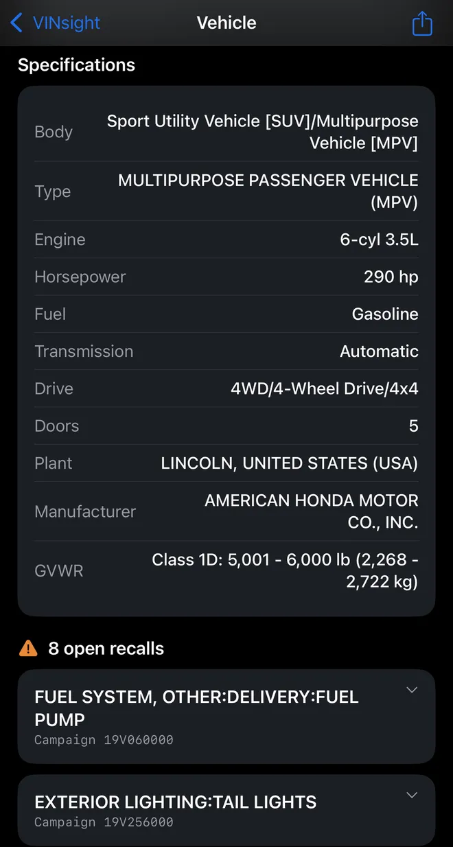 VINsight vehicle screen for a 2017 Acura MDX with a specifications table (engine 6-cyl 3.5L, 290 hp, automatic, 4WD, plant Lincoln, United States) above the heading “8 open recalls” and the first two recall campaigns, 19V060000 for the fuel pump and 19V256000 for the tail lights