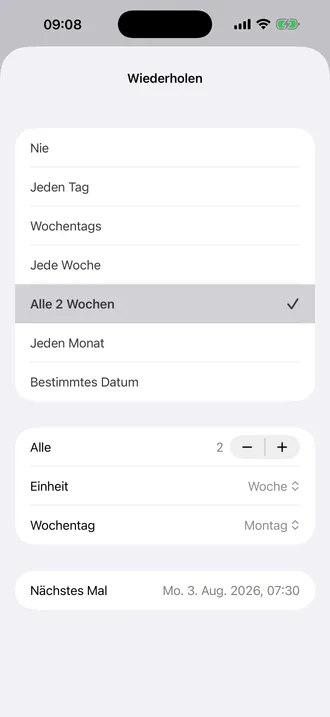 Deutscher Wiederholen-Bildschirm von Alarm Pro mit Alle 2 Wochen, Einheit Woche, Montag und nächstem Termin