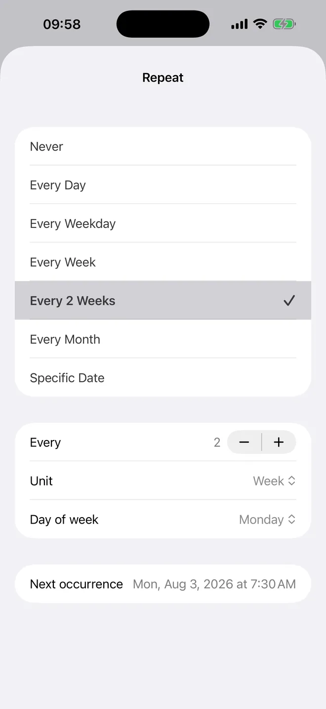Alarm Pro Repeat screen with Every 2 Weeks selected and options for Every Month and Specific Date