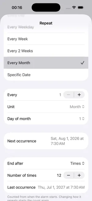 Alarm Pro Repeat screen with Every 1, Unit Month, Day of month 1, Next occurrence, End after set to Times, Number of times 12 and Last occurrence