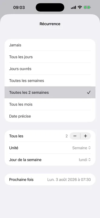Écran Récurrence d’Alarm Pro en français avec Toutes les 2 semaines, l’unité Semaine, lundi et la prochaine occurrence
