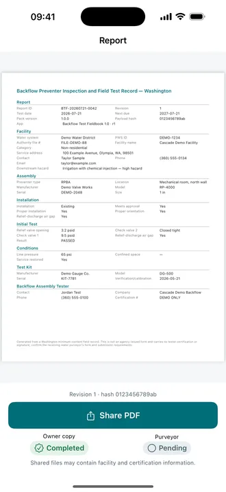 Backflow Test Fieldbook PDF preview with facility, assembly, test, kit, and tester information