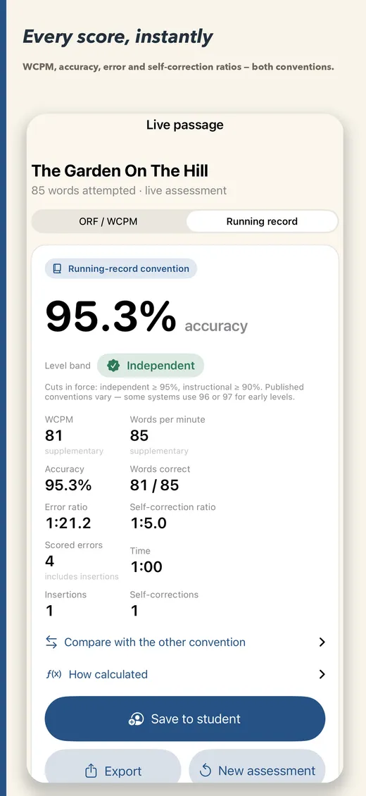 FluencyCalc results screen with WCPM, accuracy, error ratio, and self-correction ratio