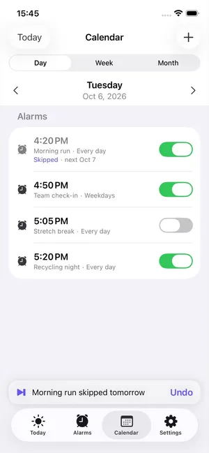 Alarm Pro Calendar day view after skipping: Morning run shows Skipped, next Oct 7, and a bar reads Morning run skipped tomorrow with Undo
