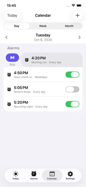 Alarm Pro Calendar day view for Tuesday, Oct 6, 2026, with the Morning run alarm swiped right to show Skip