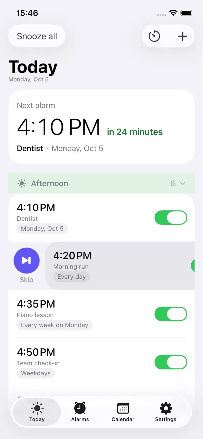 Alarm Pro Today view with the 4:20 PM Morning run alarm swiped right, revealing a purple Skip button