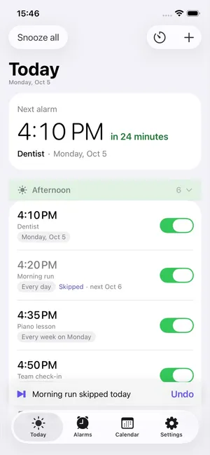 Alarm Pro Today view after skipping: the Morning run alarm shows Every day, Skipped, next Oct 6, and a bar reads Morning run skipped today with an Undo button