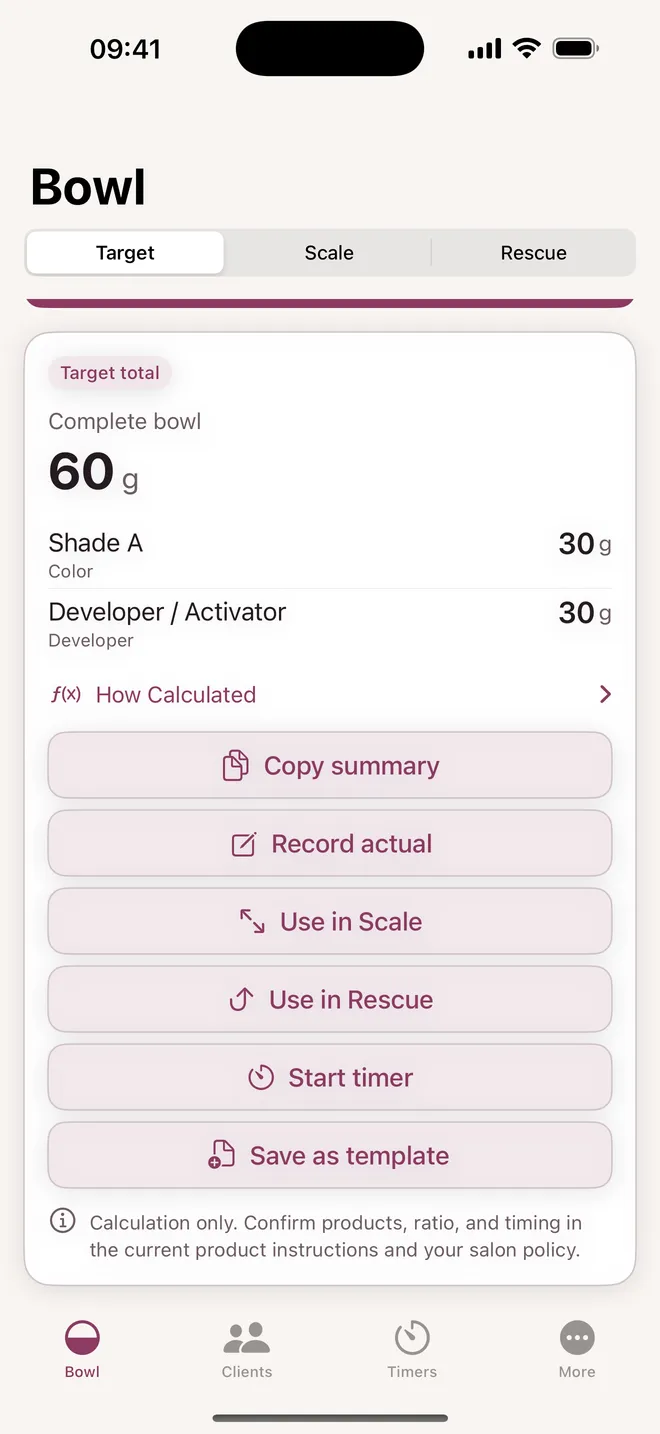 Hair Color Bowl Calculator showing a 60 gram target bowl divided into 30 grams shade and 30 grams developer