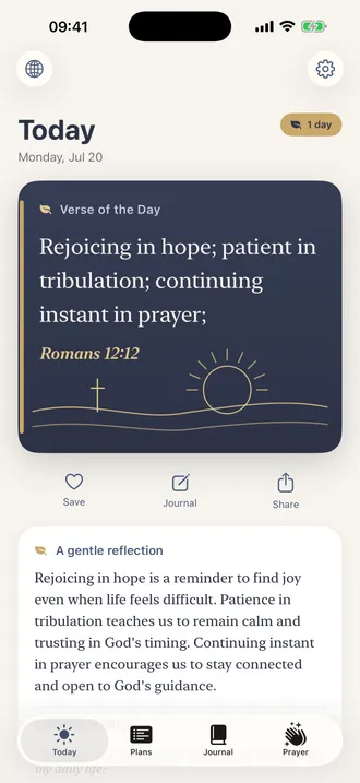 VerseDaily Today screen with Romans 12:12 as the Verse of the Day, a one-day streak badge, Save, Journal, and Share buttons, and a gentle reflection