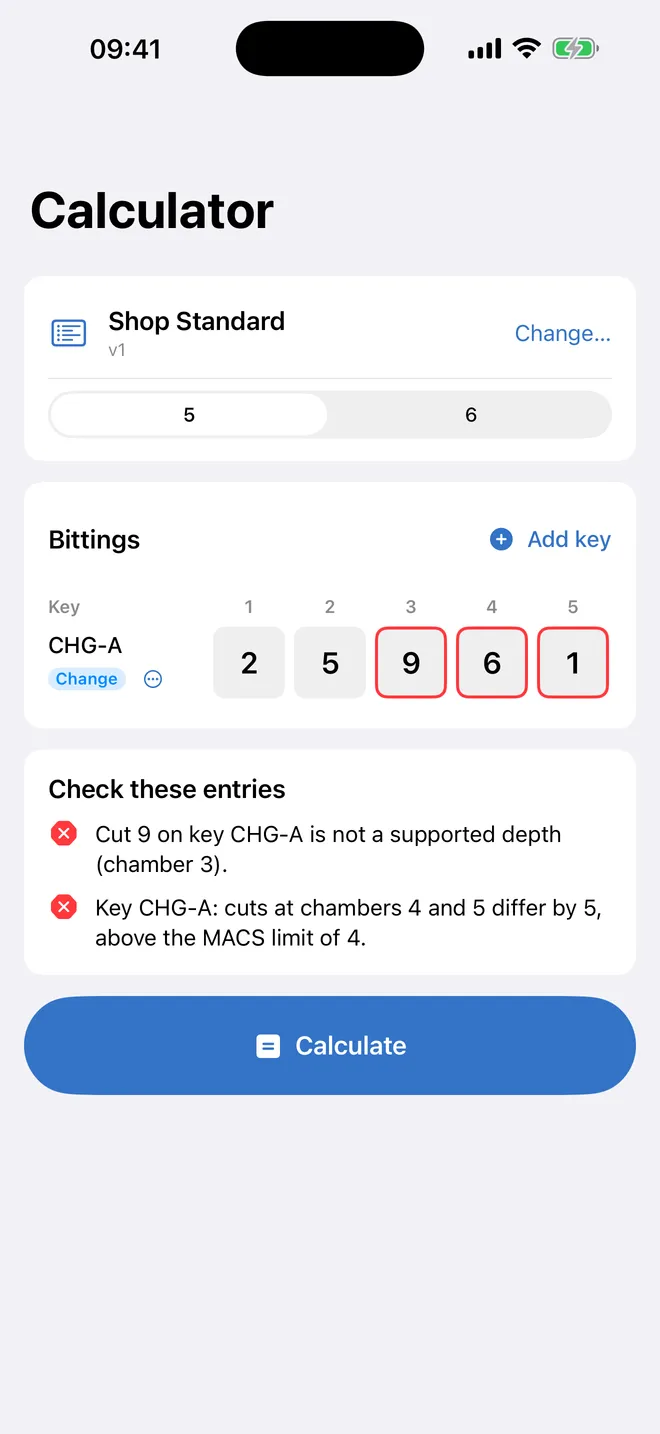 PinningLab validation screen pointing to an unsupported depth and MACS issue in specific chambers
