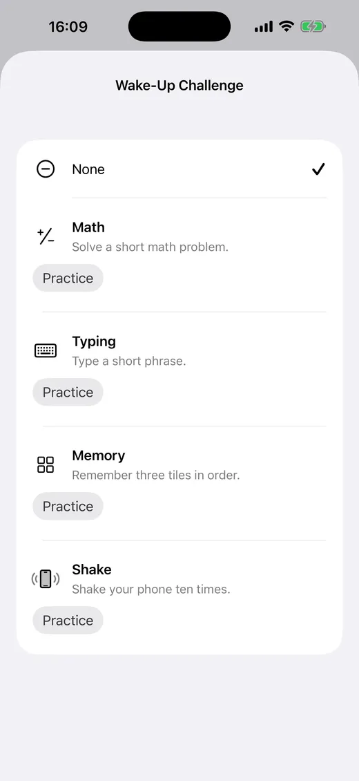 Alarm Pro Wake-Up Challenge screen with Math, Typing, Memory, and Shake options