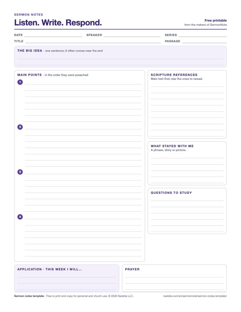 Preview of the sermon notes template: fields for date, speaker, series, title and passage; a big idea box; four numbered main points; boxes for Scripture references, what stayed with me and questions; application and prayer at the bottom