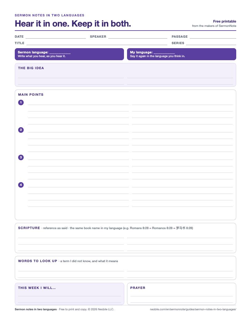 Preview of the two-language sermon notes sheet with sermon-language and my-language columns for the big idea, four main points, Scripture, words to look up, application and prayer