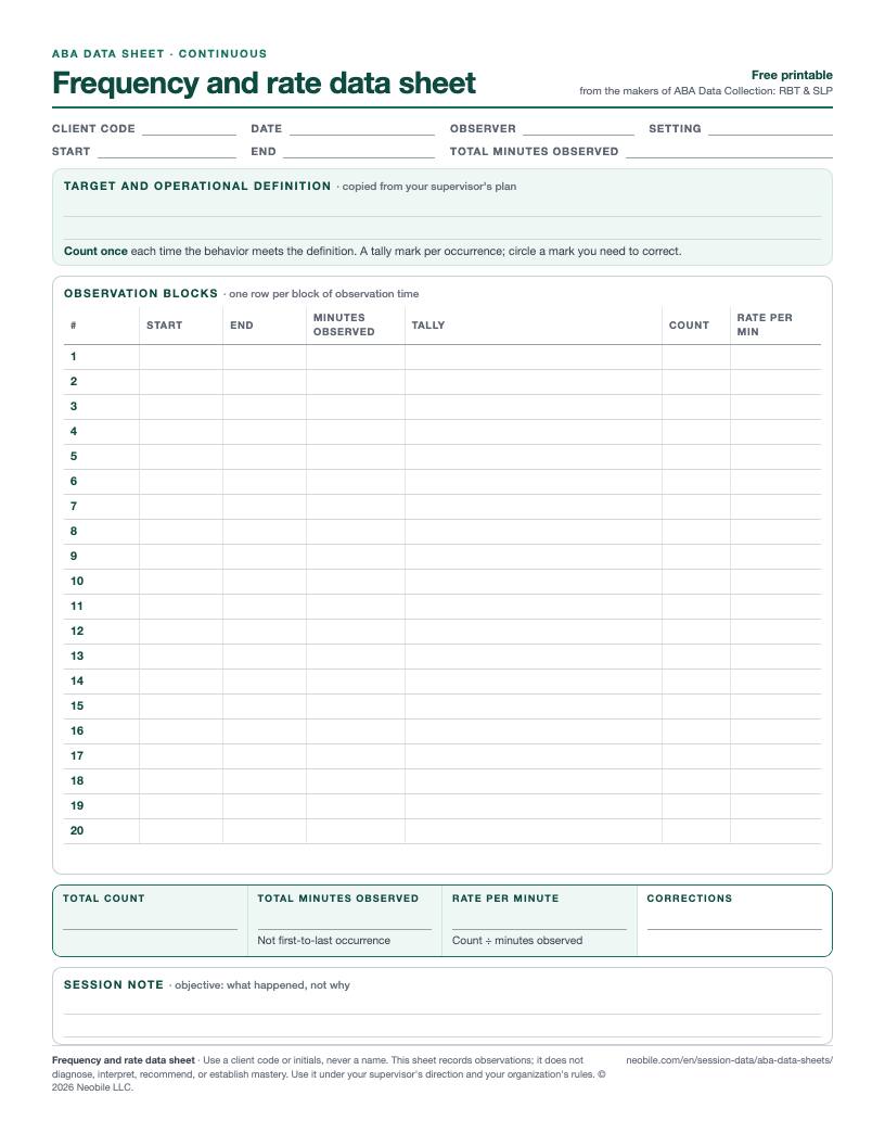 Preview of the frequency and rate data sheet: a table of 20 observation blocks with start, end, minutes observed, tally, count and rate columns