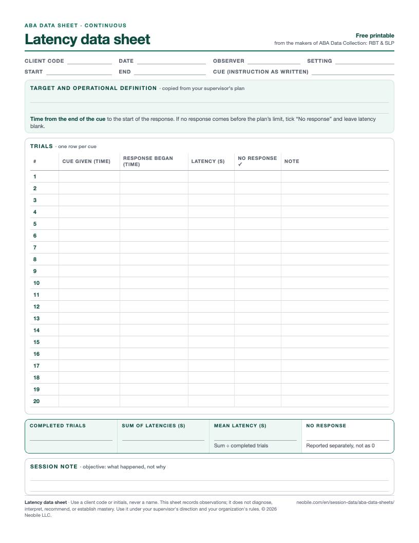 Preview of the latency data sheet: 20 trials with cue time, response time, latency in seconds, a no-response tick box and notes