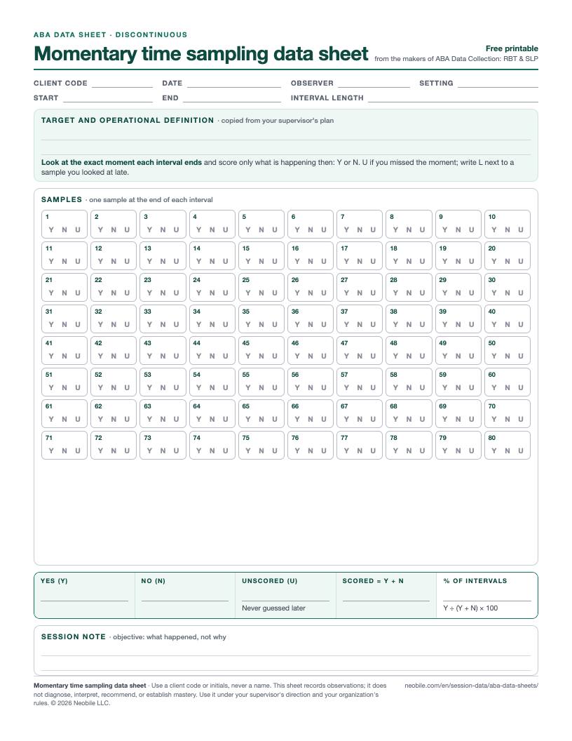 Preview of the momentary time sampling data sheet: 80 numbered sample boxes with Y, N and U to circle