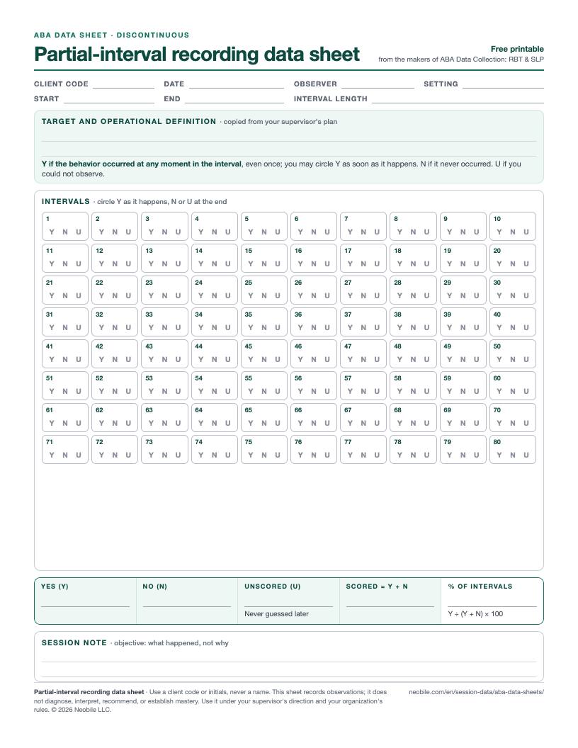 Preview of the partial-interval recording data sheet: 80 numbered interval boxes with Y, N and U to circle
