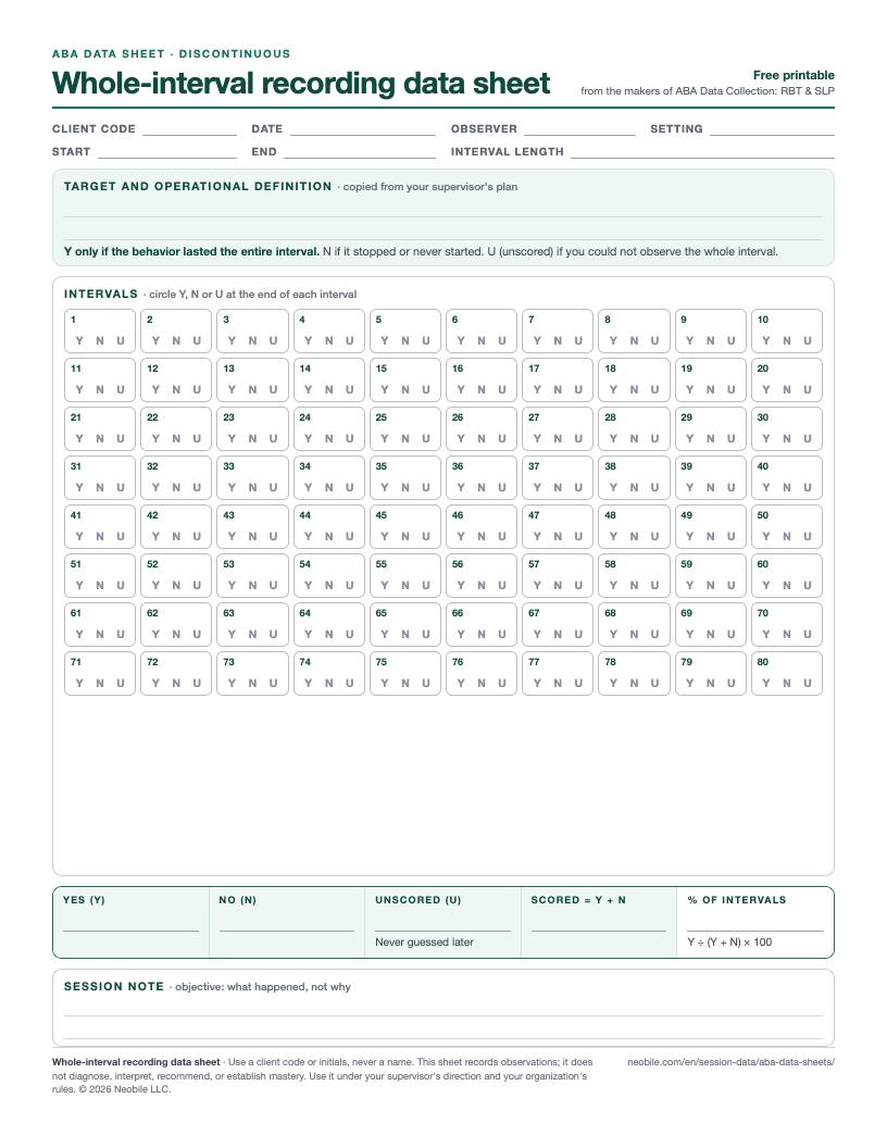 Preview of the whole-interval recording data sheet: 80 numbered interval boxes with Y, N and U to circle